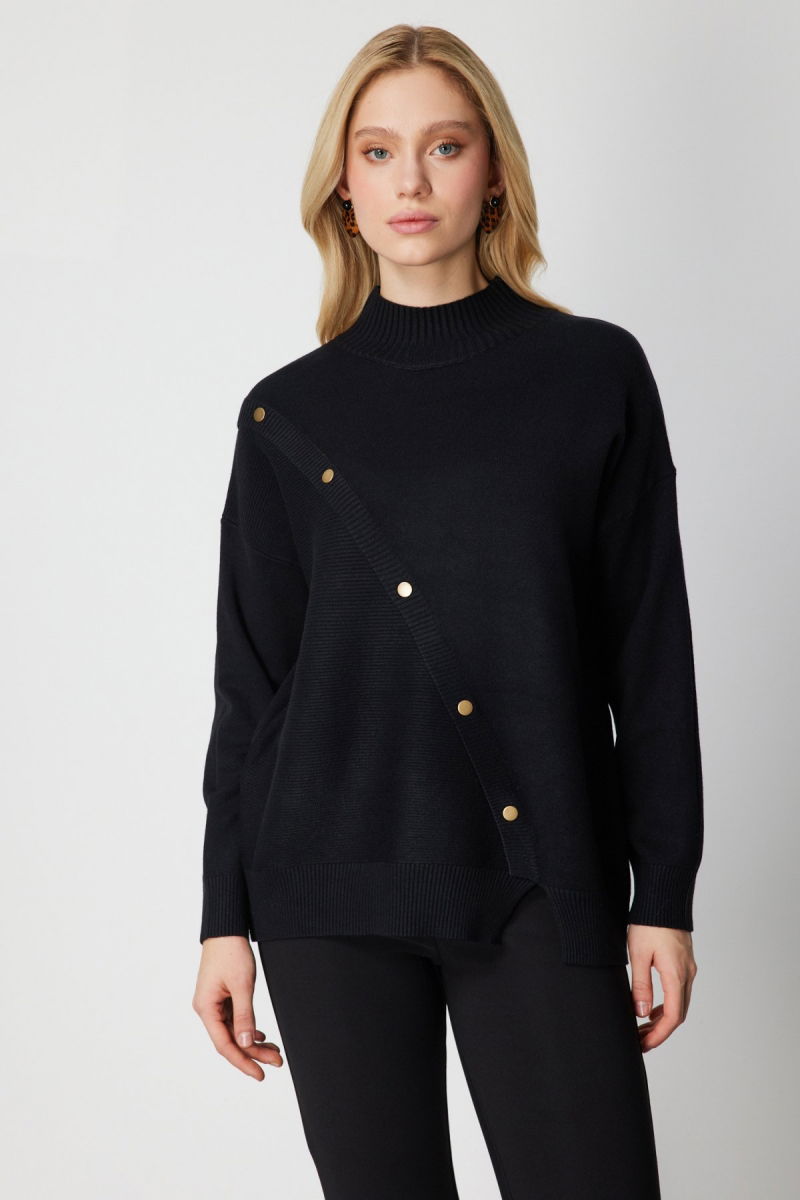 On Kadın Süs Düğmeli Dik Yaka Triko Kazak 60419 Siyah - On