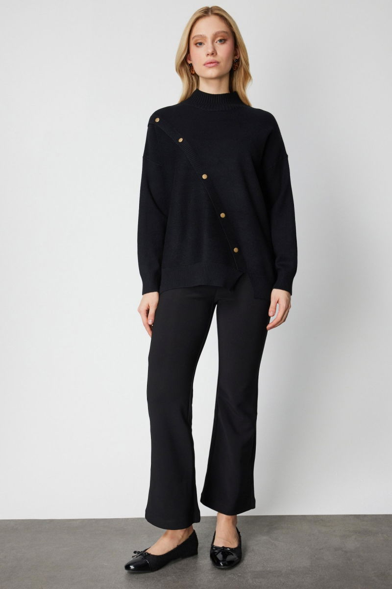 On Kadın Süs Düğmeli Dik Yaka Triko Kazak 60419 Siyah - 3