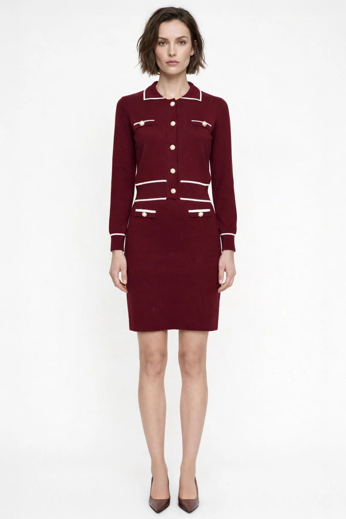 On Kadın Süs Düğmeli Diz Üstü Triko Etek 69915 Bordo - 1