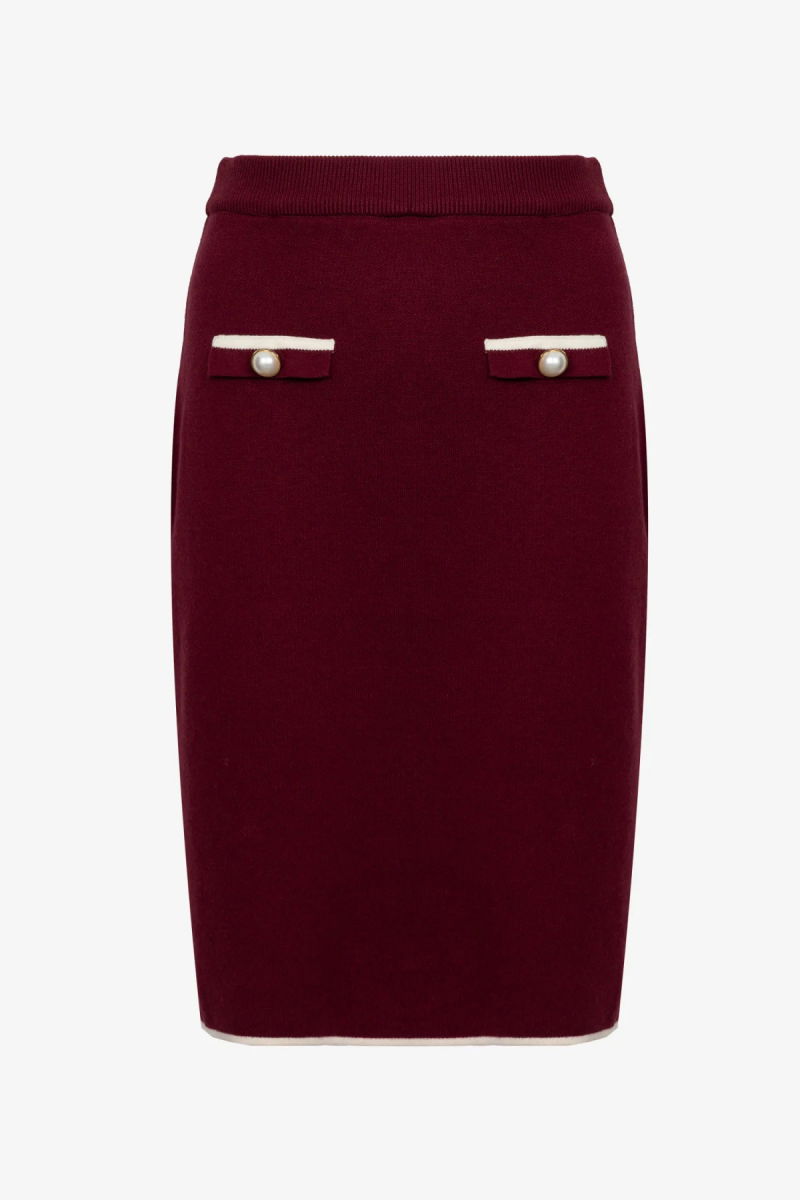 On Kadın Süs Düğmeli Diz Üstü Triko Etek 69915 Bordo - 2
