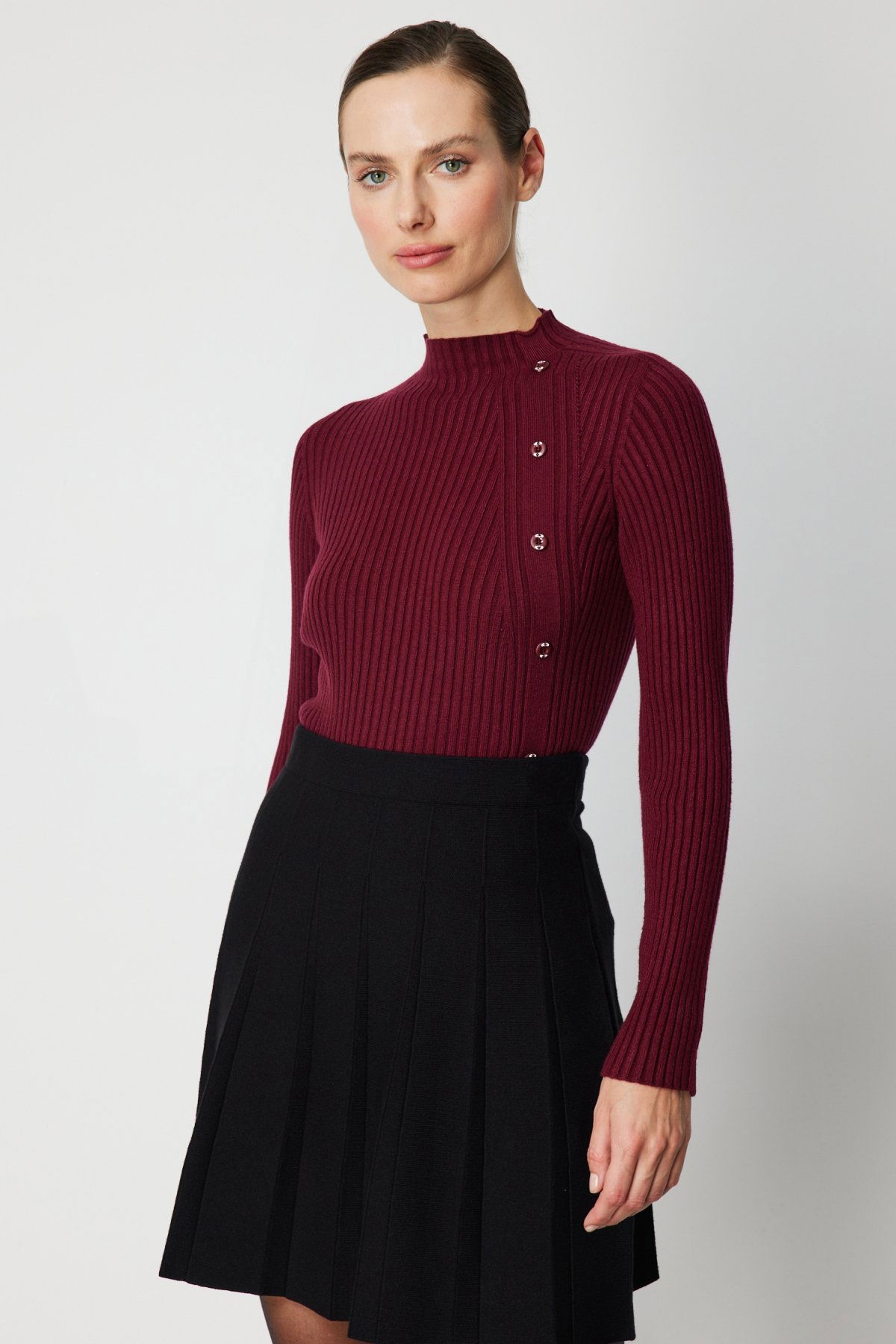 On Kadın Süs Düğmeli Fitilli Triko Kazak 69312 Bordo - 2