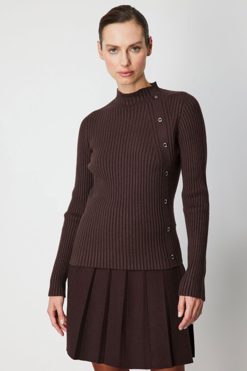 On Kadın Süs Düğmeli Fitilli Triko Kazak 69312 Kahverengi - 2