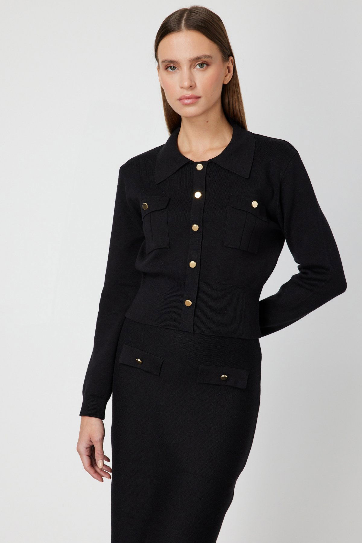 On Kadın Süs Düğmeli Kapak Cepli Triko Kazak 69507 Siyah - 1