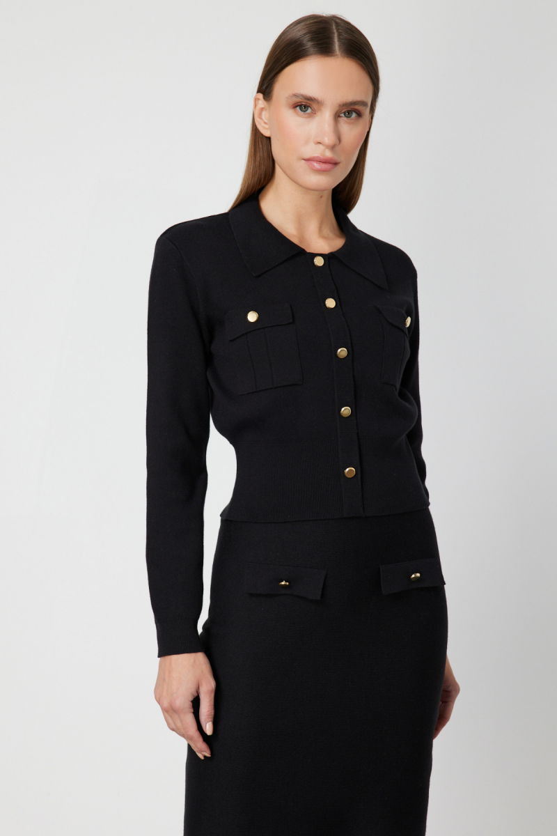 On Kadın Süs Düğmeli Kapak Cepli Triko Kazak 69507 Siyah - 2