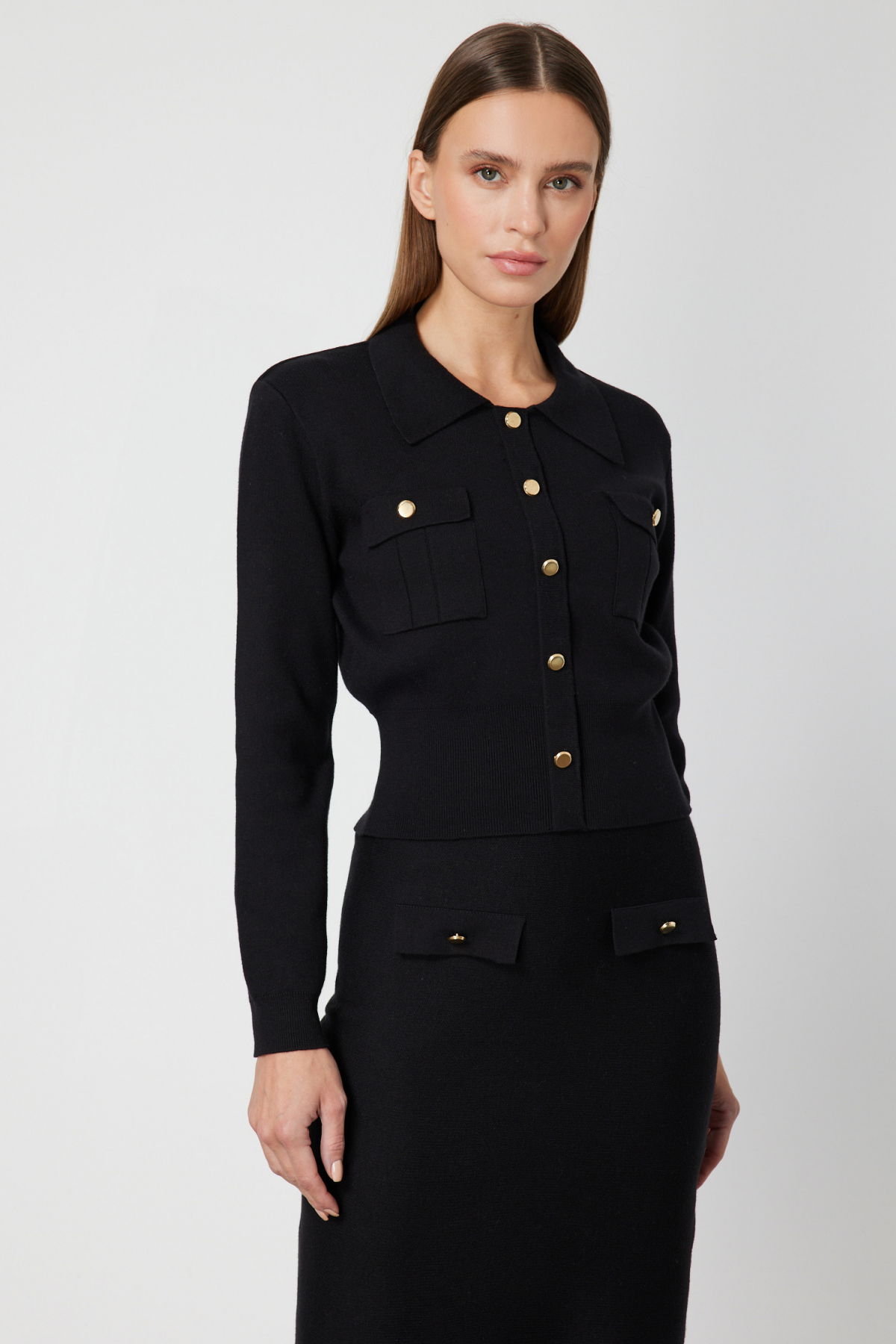 On Kadın Süs Düğmeli Kapak Cepli Triko Kazak 69507 Siyah - 2