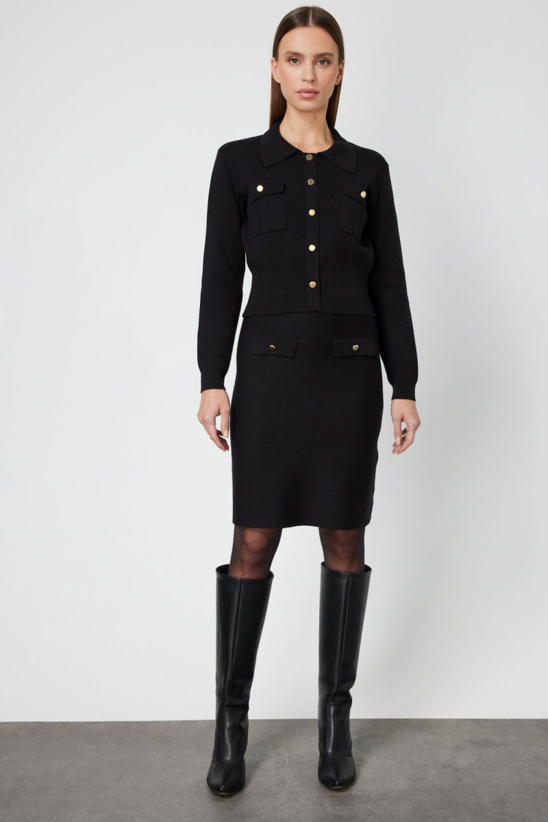 On Kadın Süs Düğmeli Kapak Cepli Triko Kazak 69507 Siyah - 3