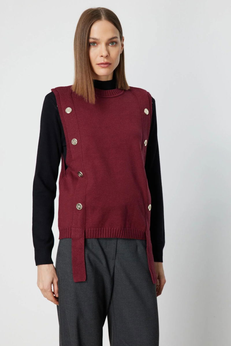 On Kadın Süs Düğmeli Sıfır Yaka Süveter 69310 Bordo - 2
