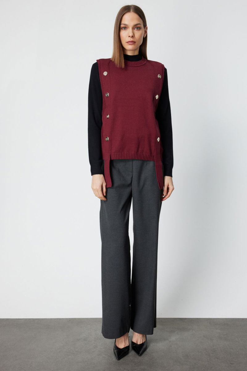 On Kadın Süs Düğmeli Sıfır Yaka Süveter 69310 Bordo - 3