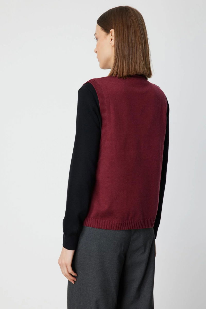 On Kadın Süs Düğmeli Sıfır Yaka Süveter 69310 Bordo - 4