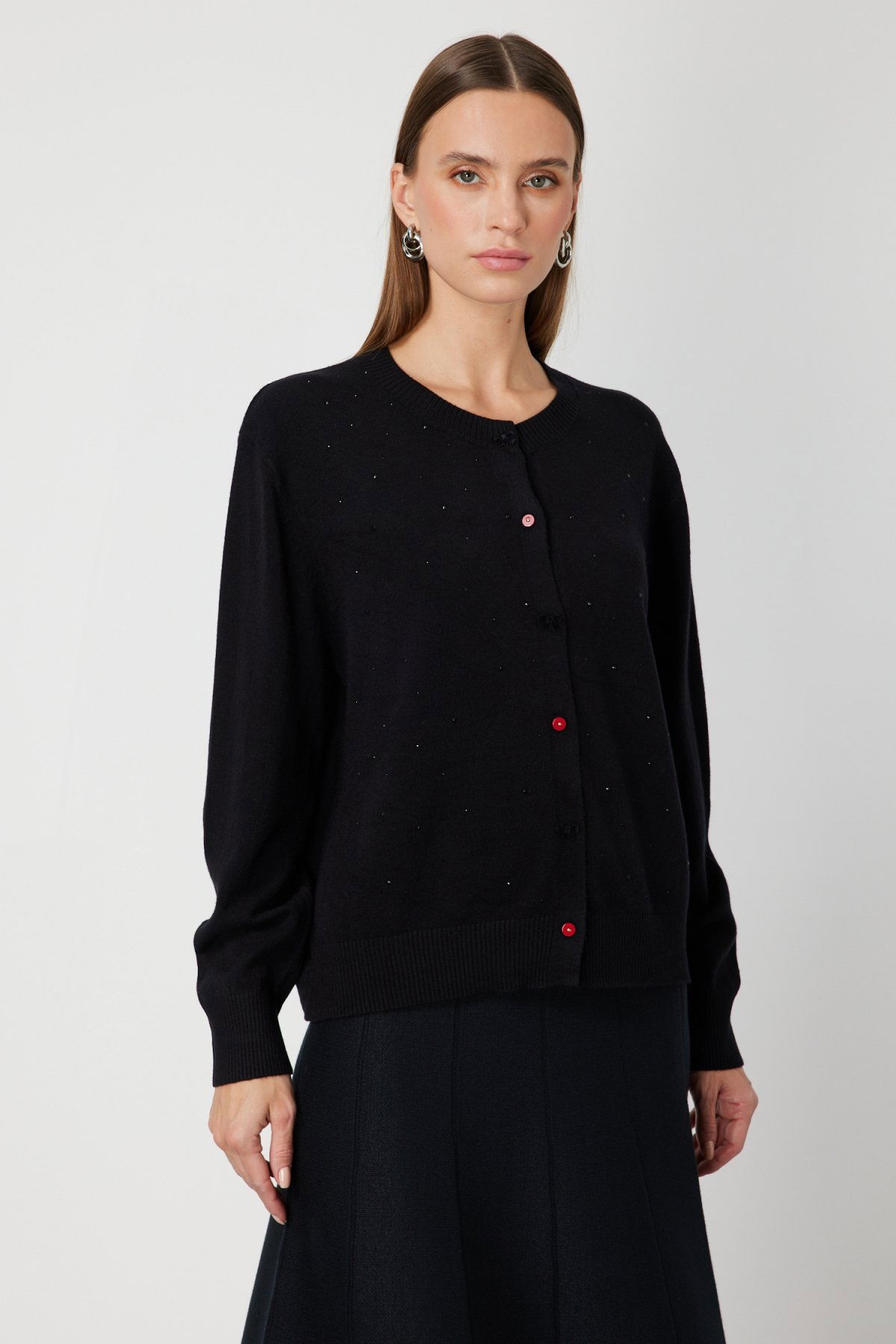 On Kadın Taş Detaylı Sıfır Yaka Triko Hırka 60344 Siyah - 1