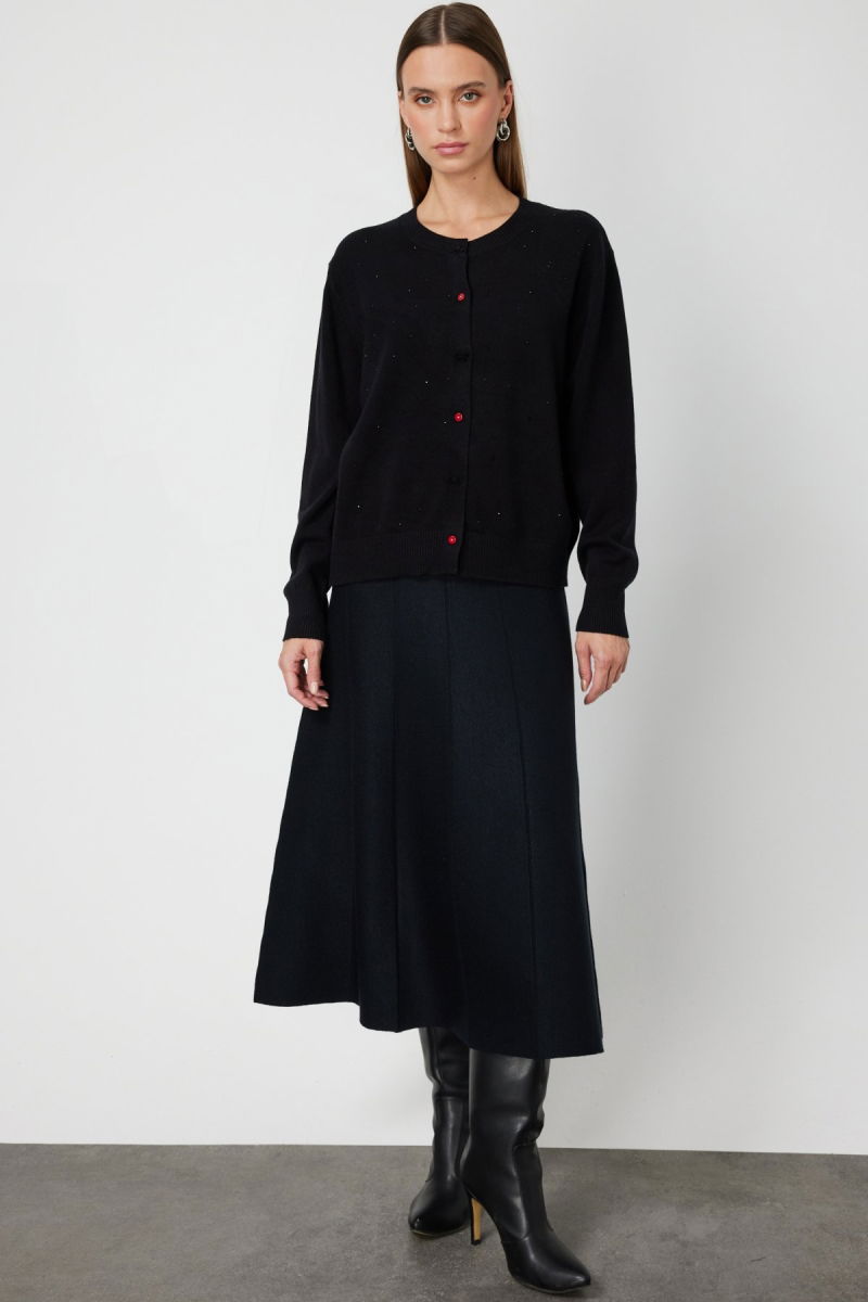 On Kadın Taş Detaylı Sıfır Yaka Triko Hırka 60344 Siyah - 3