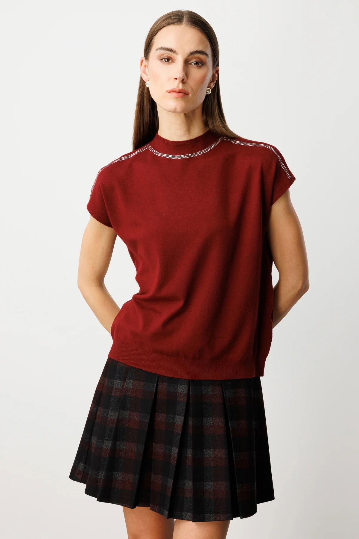 On Kadın Taş İşlemeli Kısa Kol Triko Bluz 60422 Bordo - 1