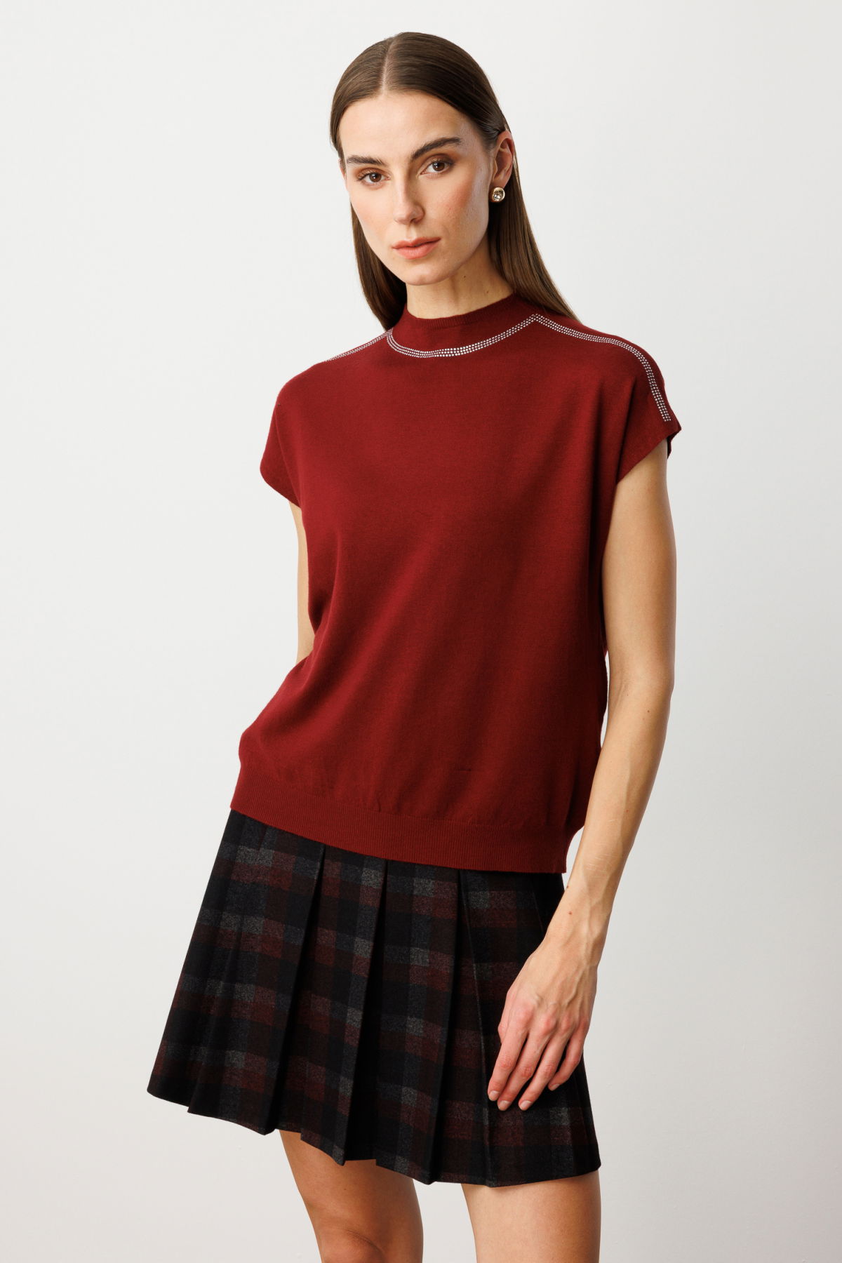 On Kadın Taş İşlemeli Kısa Kol Triko Bluz 60422 Bordo - 2