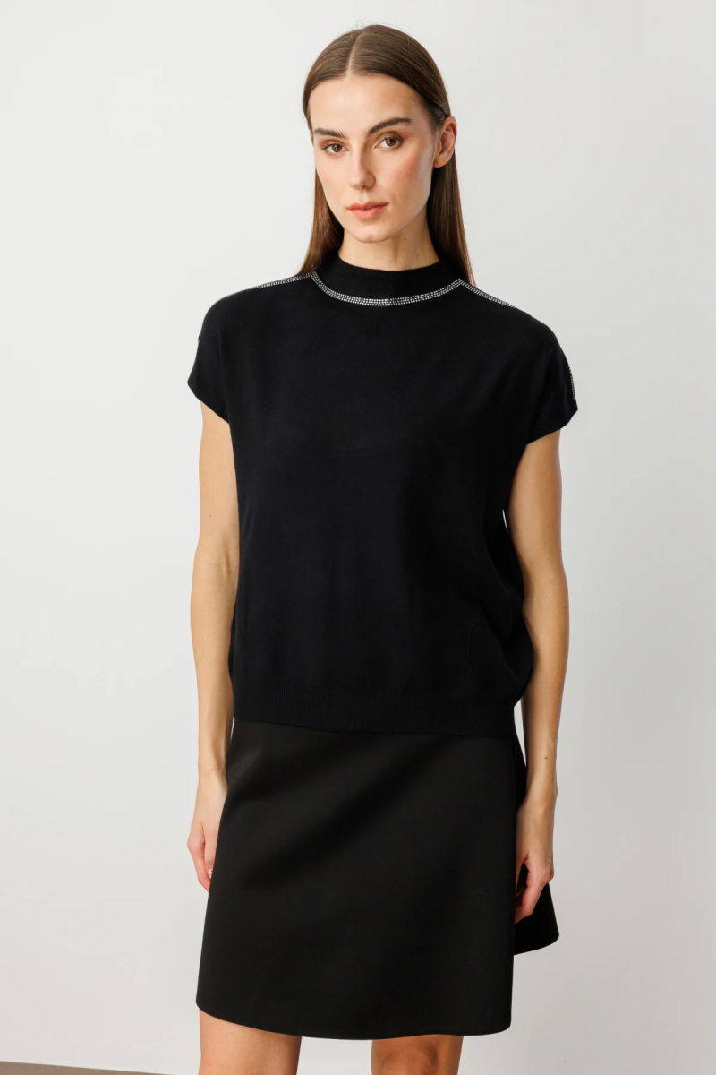 On Kadın Taş İşlemeli Kısa Kol Triko Bluz 60422 Siyah - On