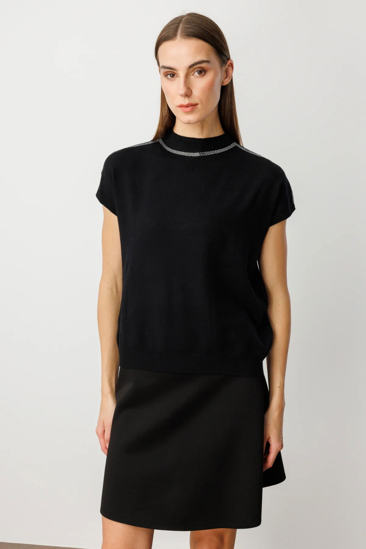 On Kadın Taş İşlemeli Kısa Kol Triko Bluz 60422 Siyah - 1