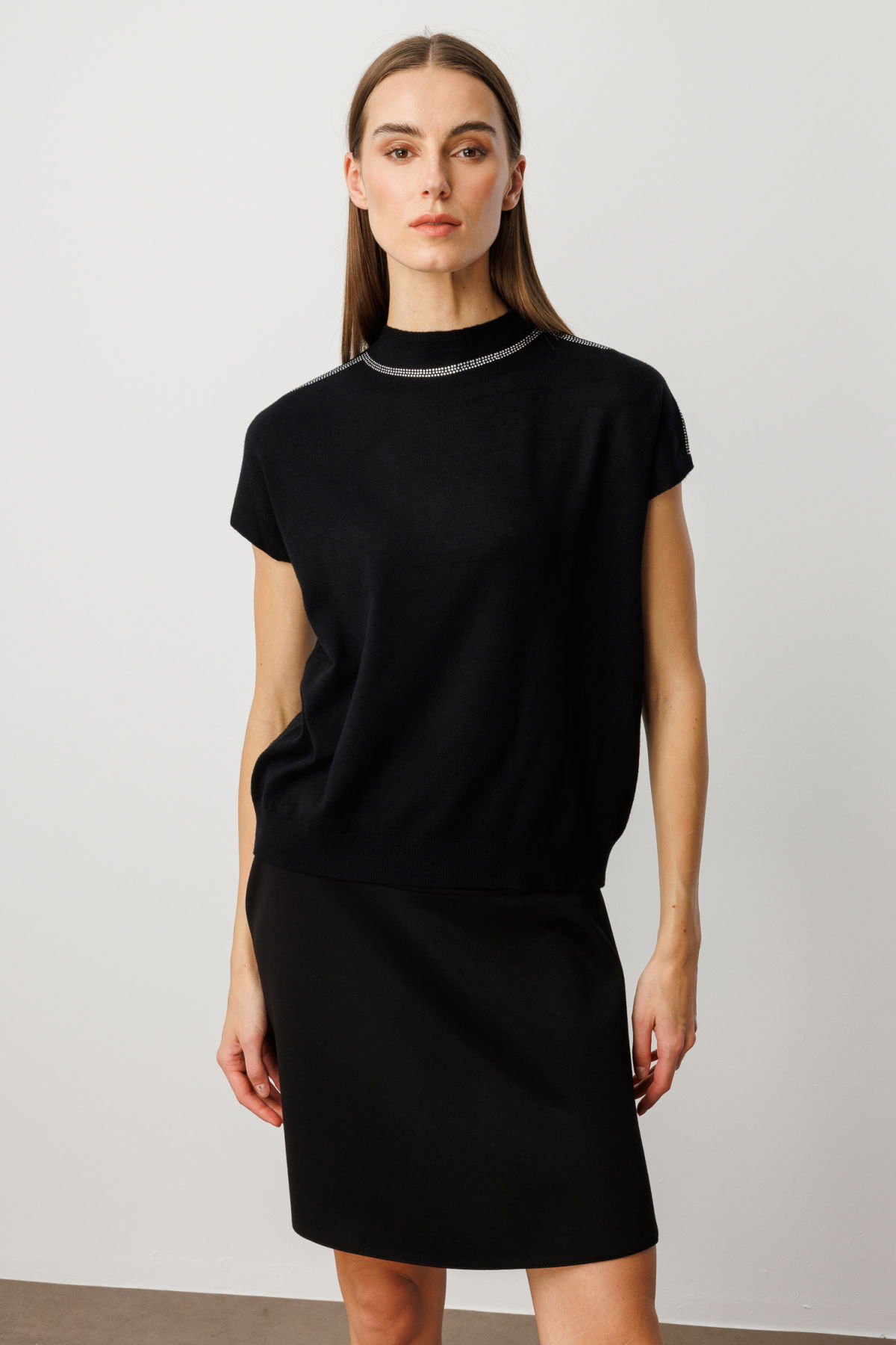 On Kadın Taş İşlemeli Kısa Kol Triko Bluz 60422 Siyah - 2