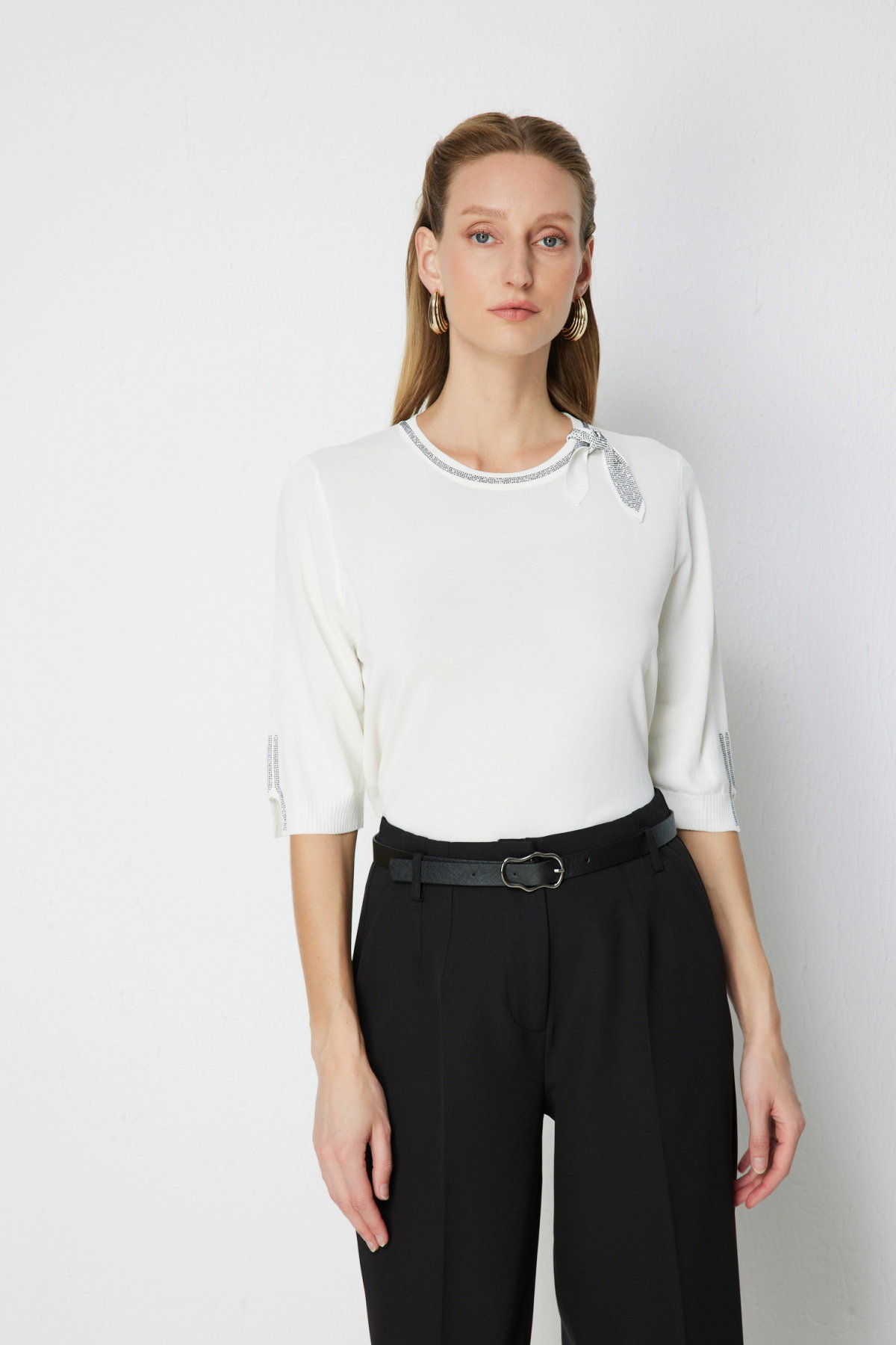 On Kadın Taş İşlemeli Kısa Kollu Bluz 70422 Ekru - 1