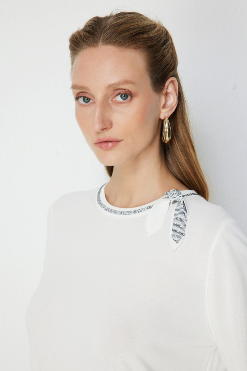 On Kadın Taş İşlemeli Kısa Kollu Bluz 70422 Ekru - 2