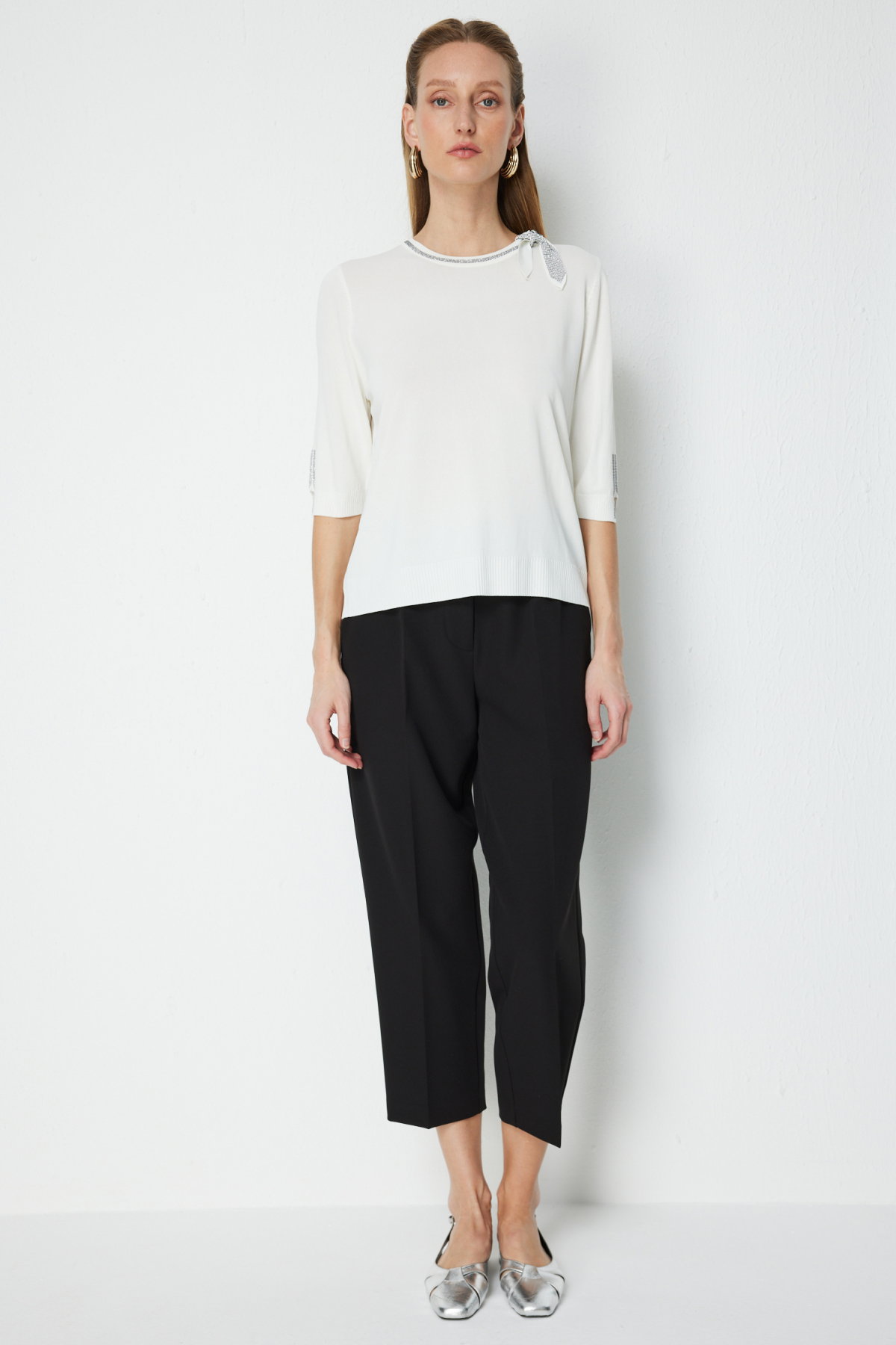 On Kadın Taş İşlemeli Kısa Kollu Bluz 70422 Ekru - 3