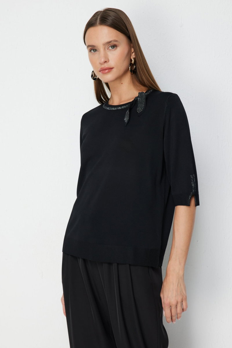 On Kadın Taş İşlemeli Kısa Kollu Bluz 70422 Siyah - 2