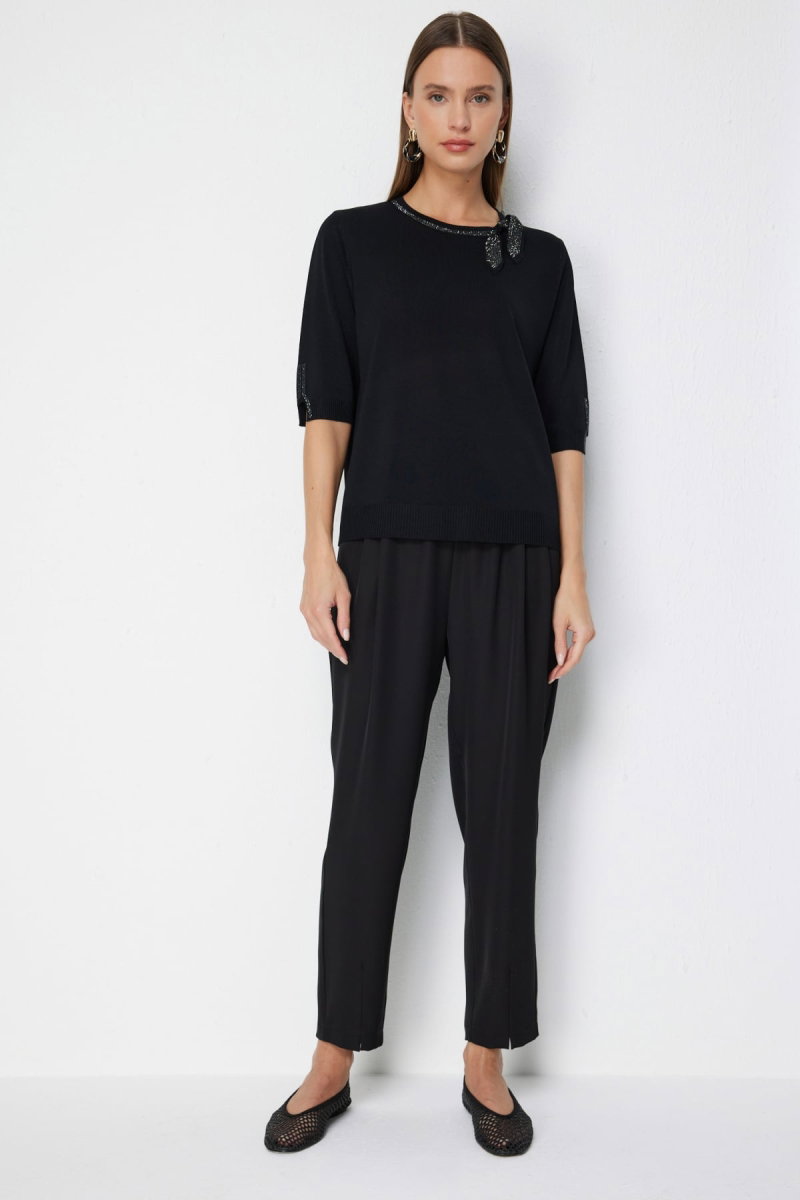 On Kadın Taş İşlemeli Kısa Kollu Bluz 70422 Siyah - 3