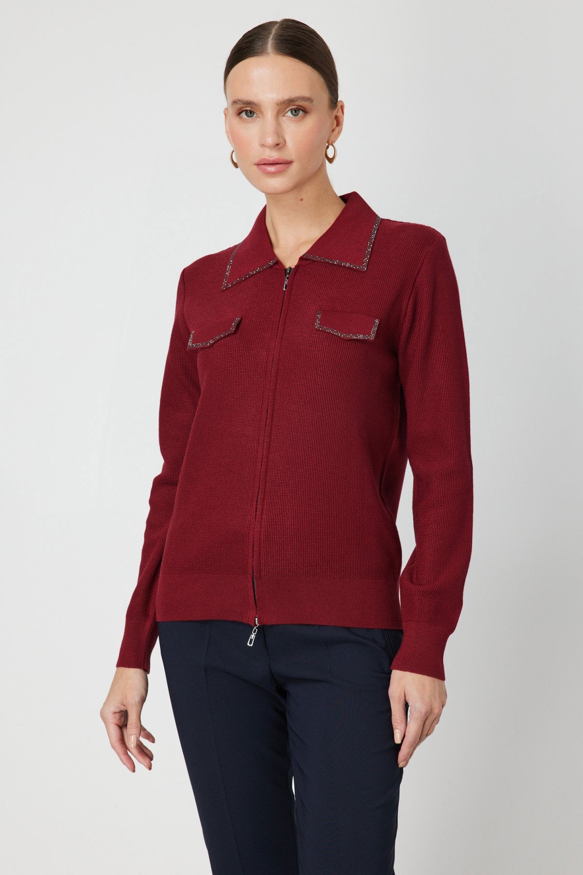 On Kadın Taş İşlemeli Triko Hırka 65926 Bordo - 1