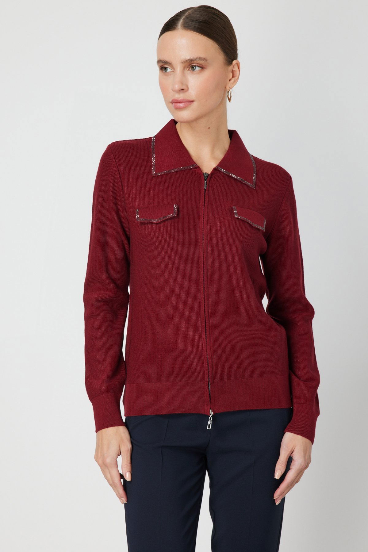 On Kadın Taş İşlemeli Triko Hırka 65926 Bordo - 2