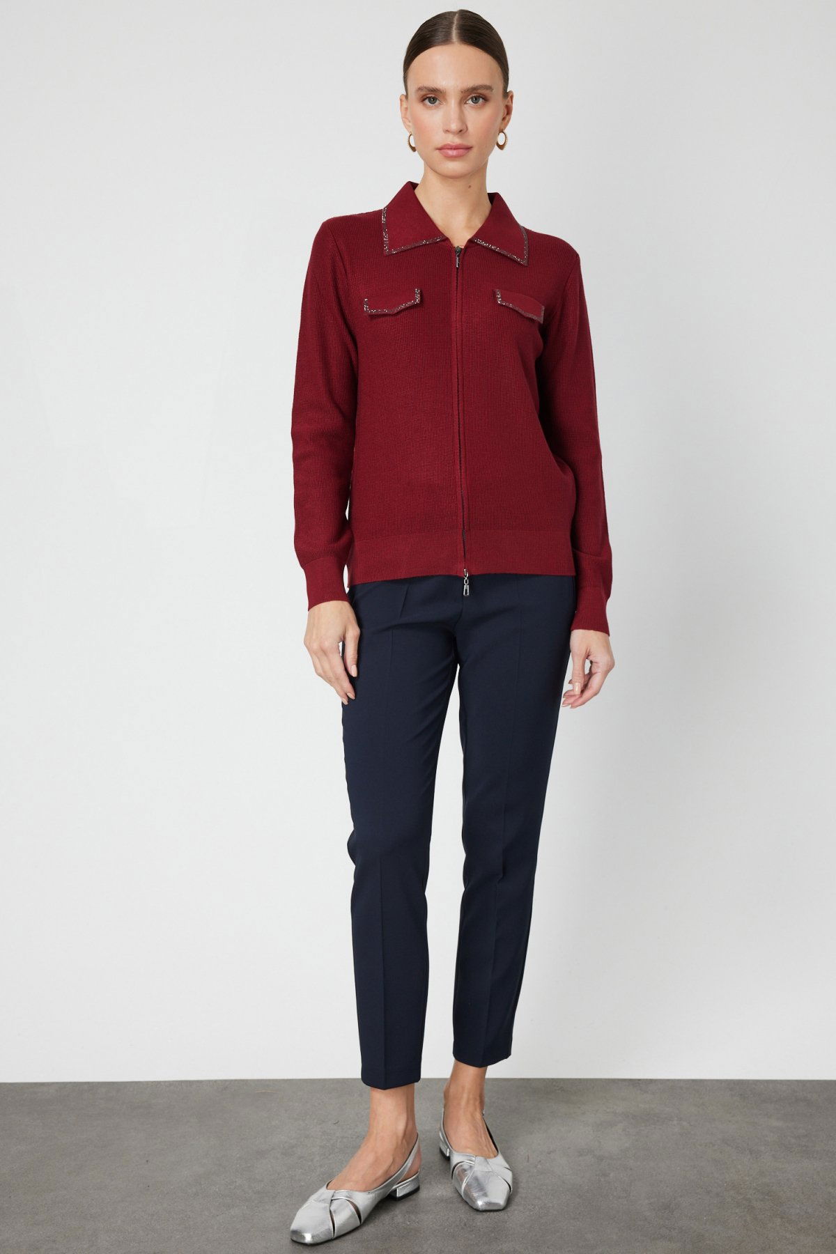 On Kadın Taş İşlemeli Triko Hırka 65926 Bordo - 3