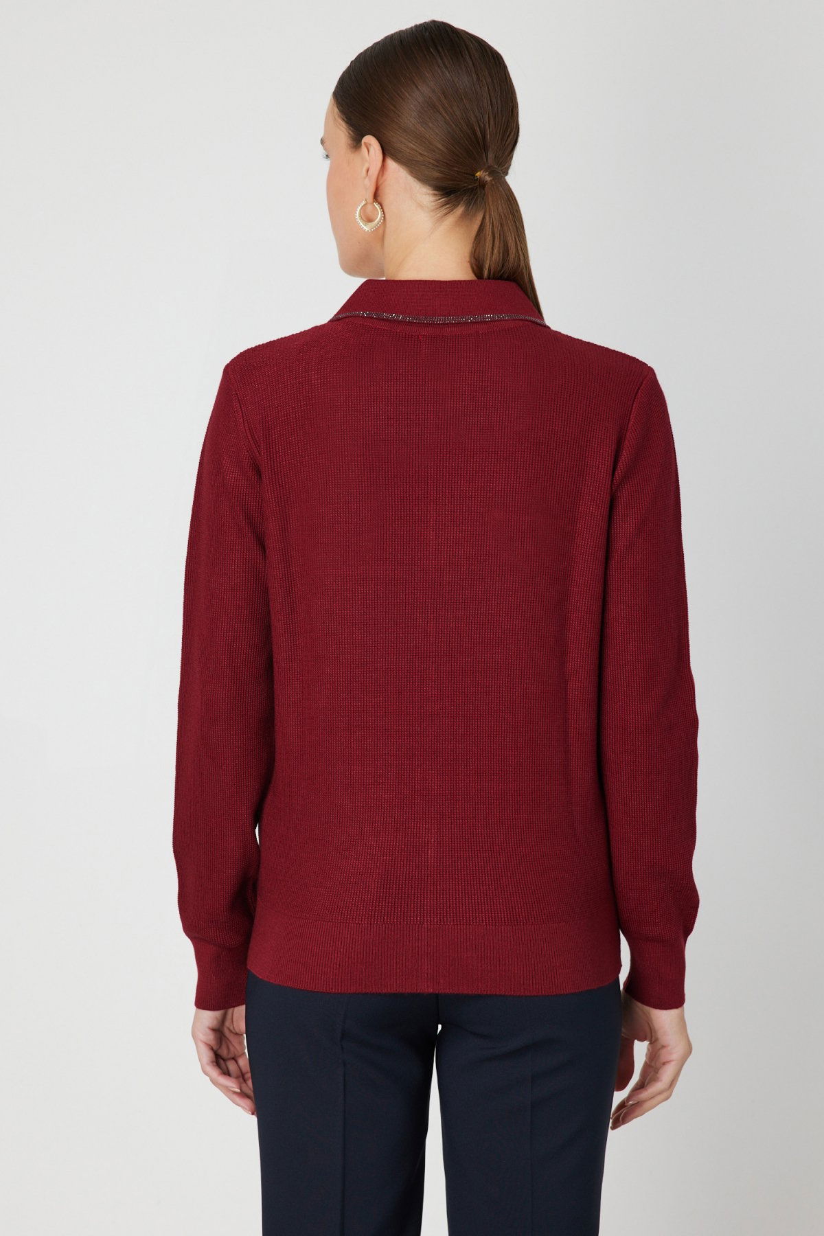 On Kadın Taş İşlemeli Triko Hırka 65926 Bordo - 4