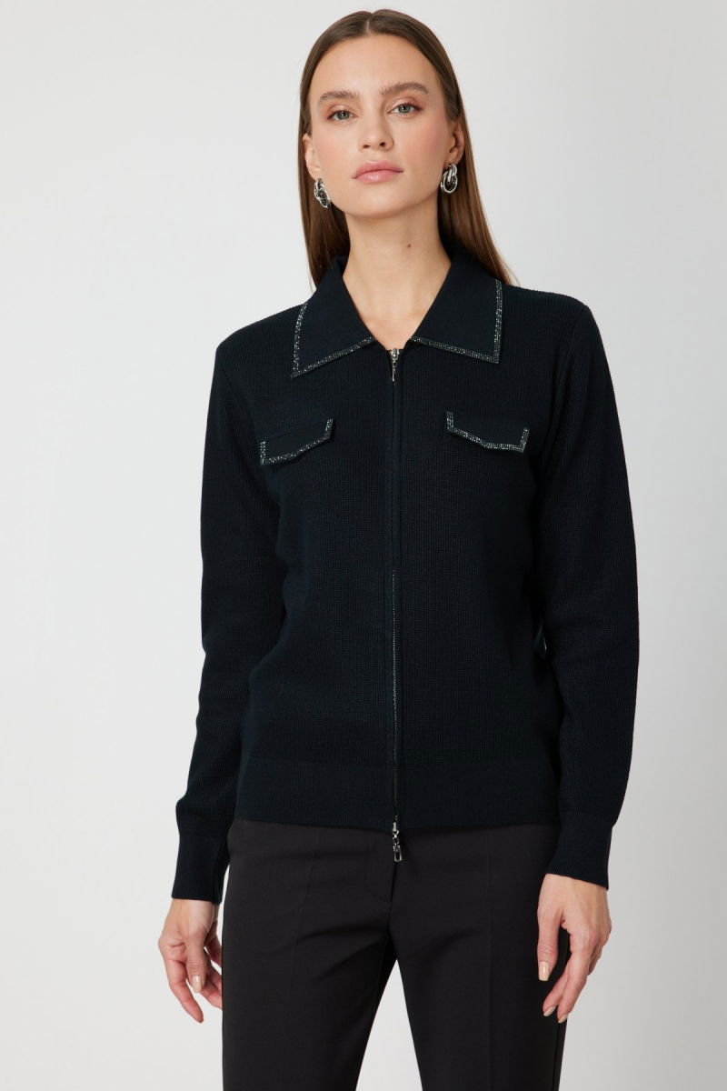 On Kadın Taş İşlemeli Triko Hırka 65926 Siyah - On