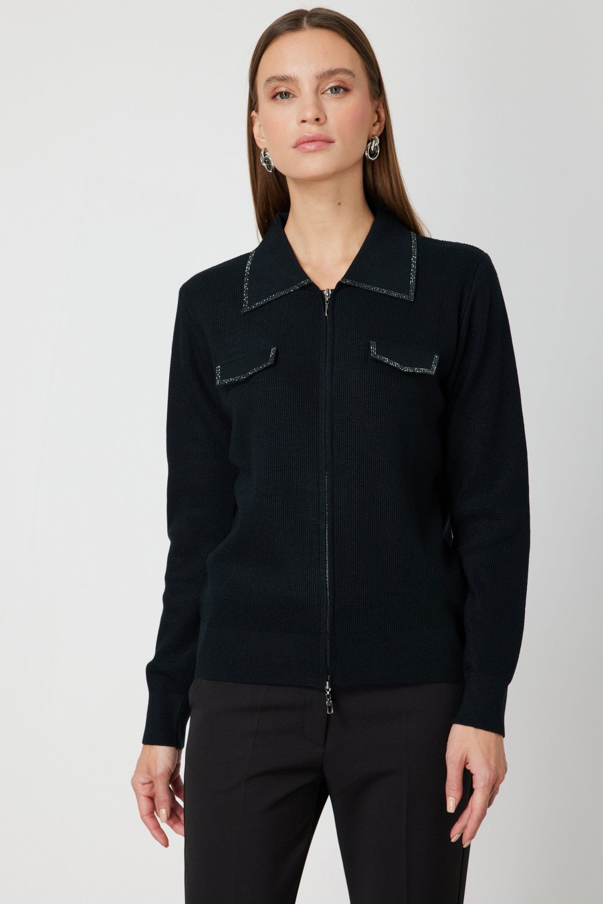 On Kadın Taş İşlemeli Triko Hırka 65926 Siyah - 1