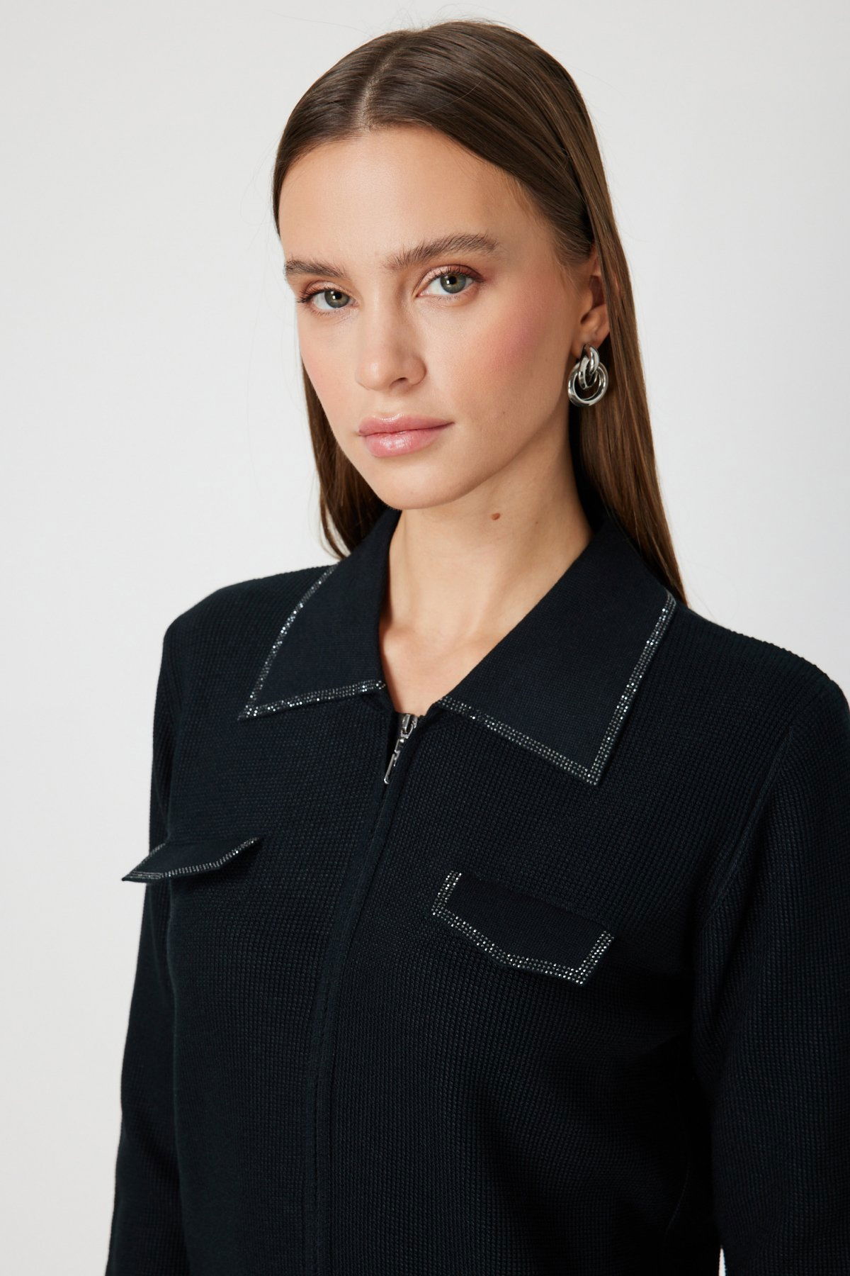 On Kadın Taş İşlemeli Triko Hırka 65926 Siyah - 2