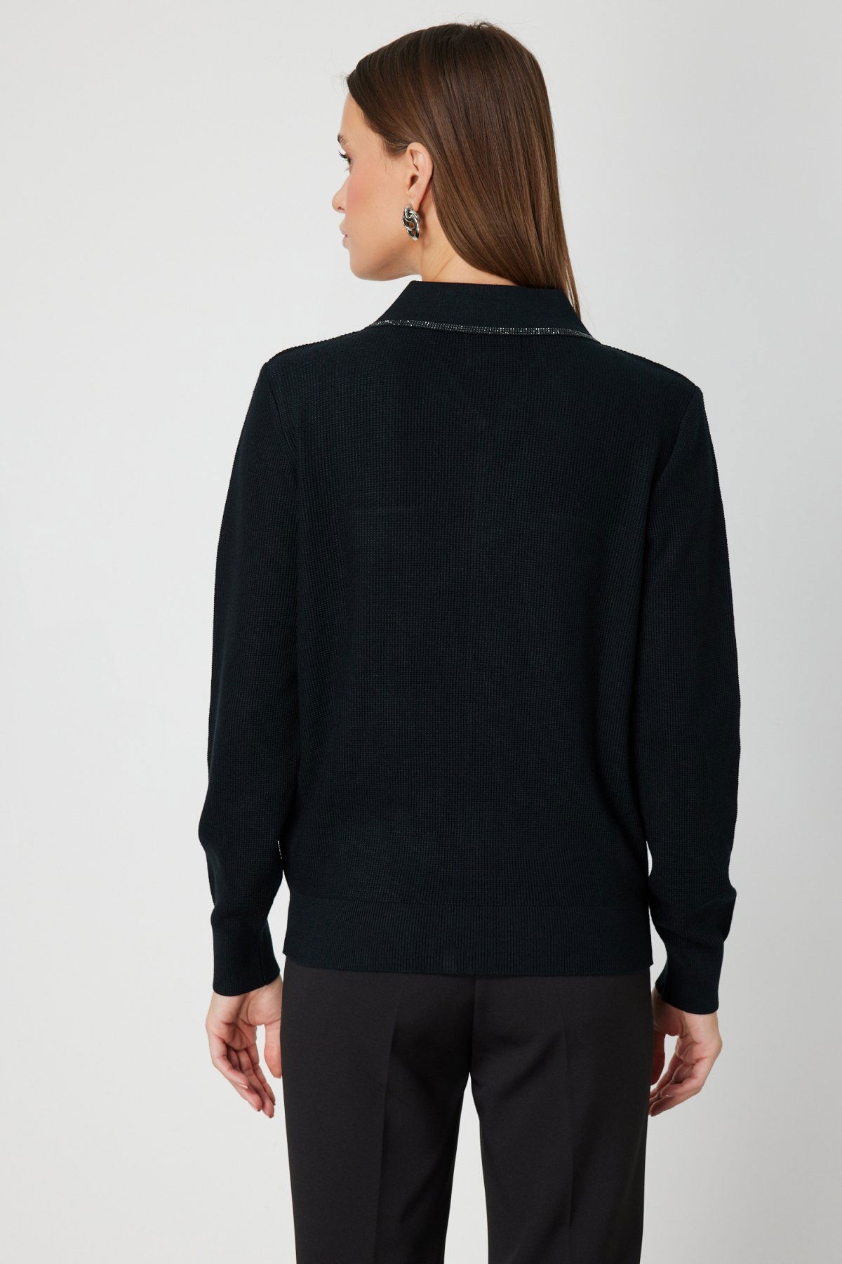 On Kadın Taş İşlemeli Triko Hırka 65926 Siyah - 4