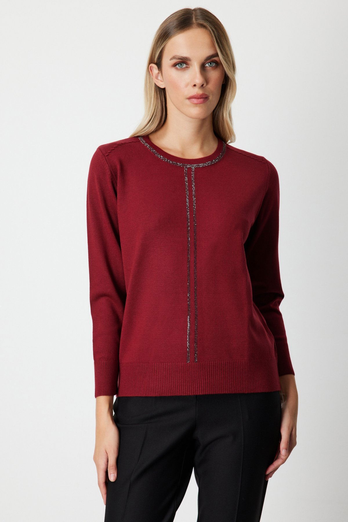 On Kadın Taş İşlemeli Triko Kazak 65397 Bordo - 1