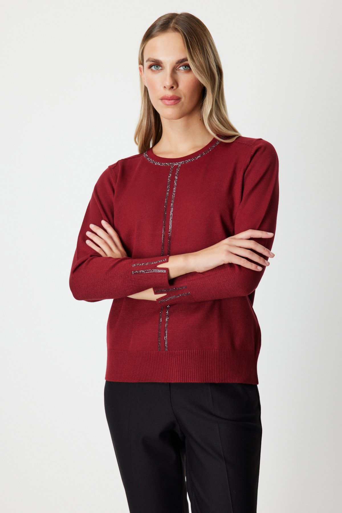 On Kadın Taş İşlemeli Triko Kazak 65397 Bordo - 2