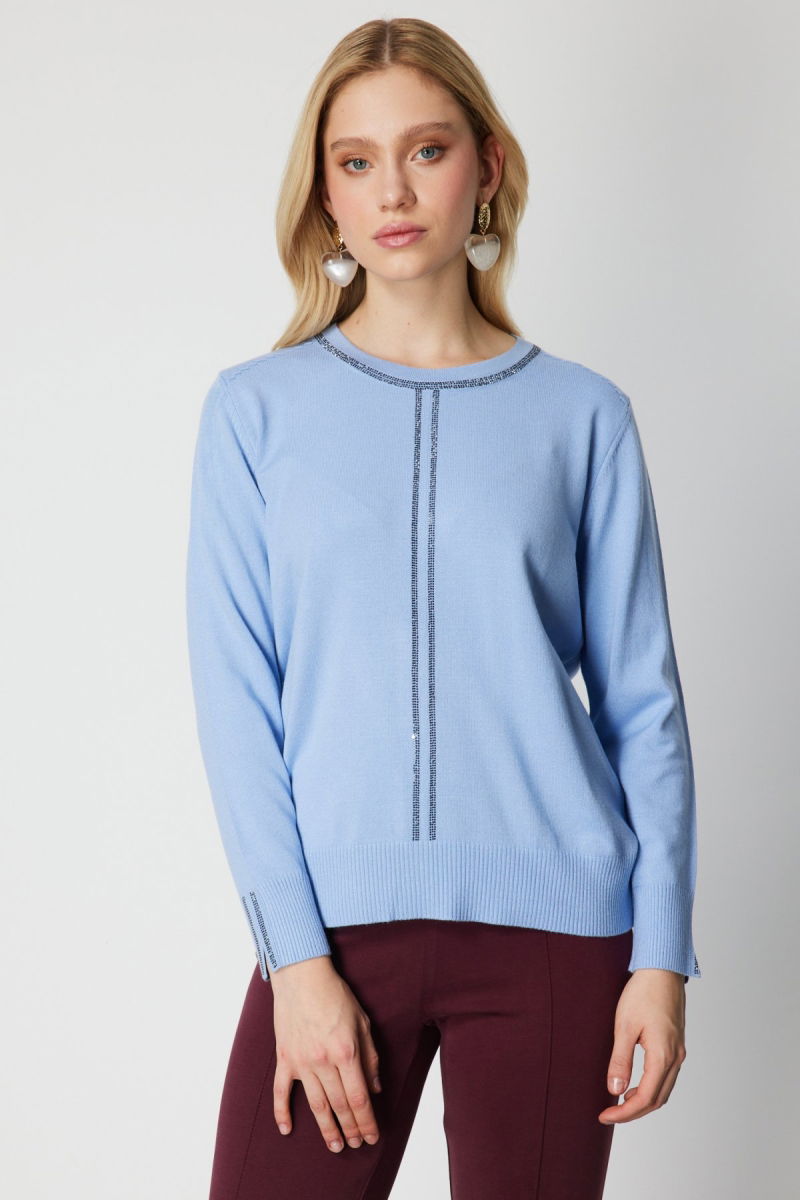 On Kadın Taş İşlemeli Triko Kazak 65397 Bulut - On