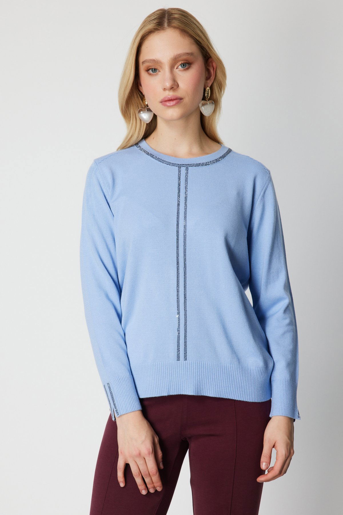 On Kadın Taş İşlemeli Triko Kazak 65397 Bulut - 1