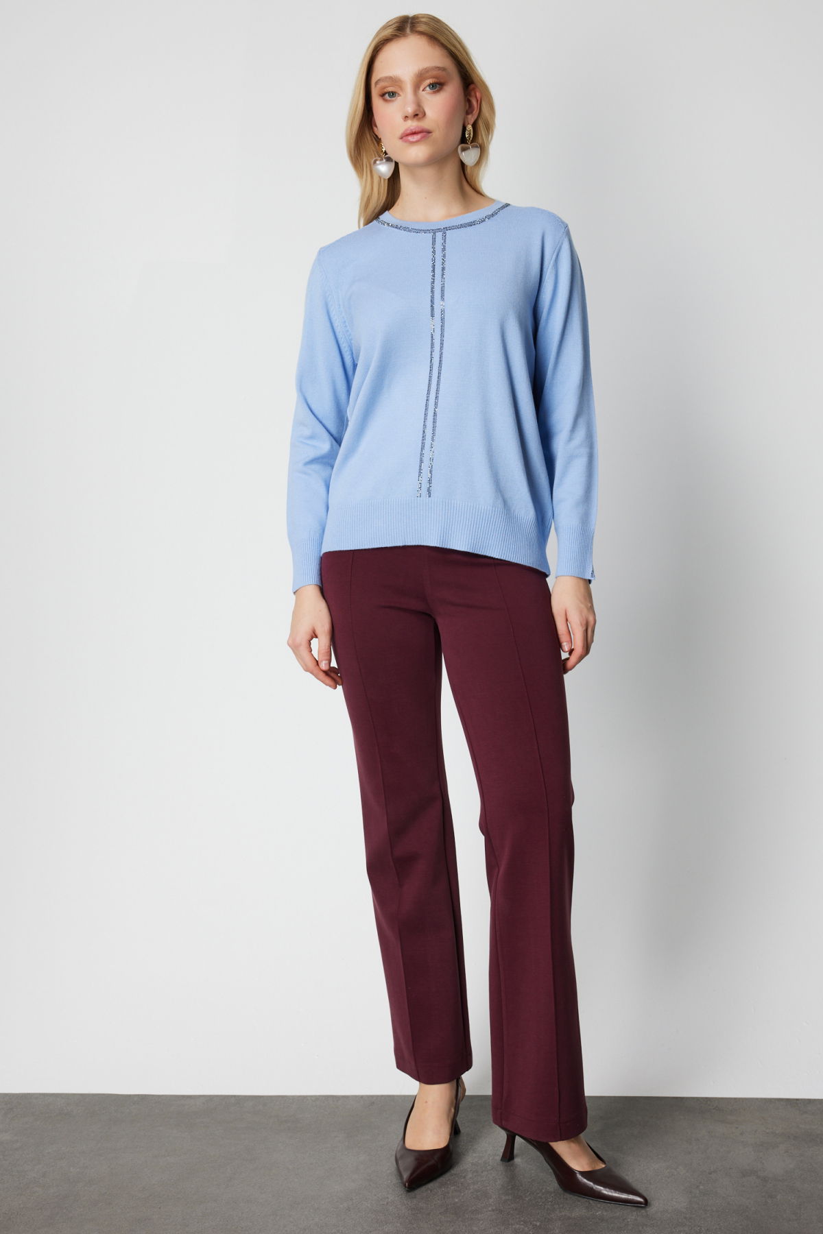 On Kadın Taş İşlemeli Triko Kazak 65397 Bulut - 3