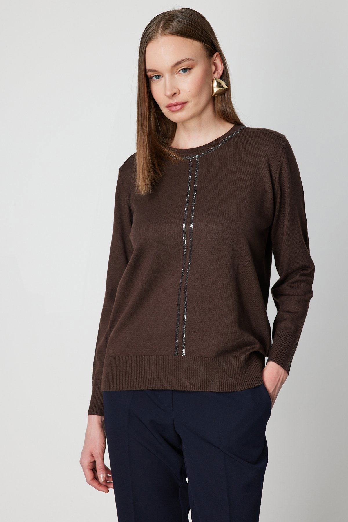 On Kadın Taş İşlemeli Triko Kazak 65397 Kahverengi - 1