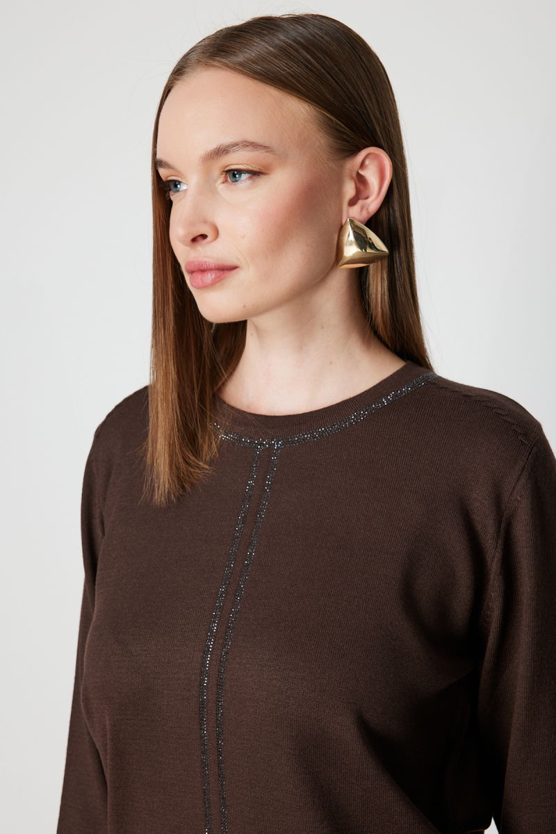 On Kadın Taş İşlemeli Triko Kazak 65397 Kahverengi - 2