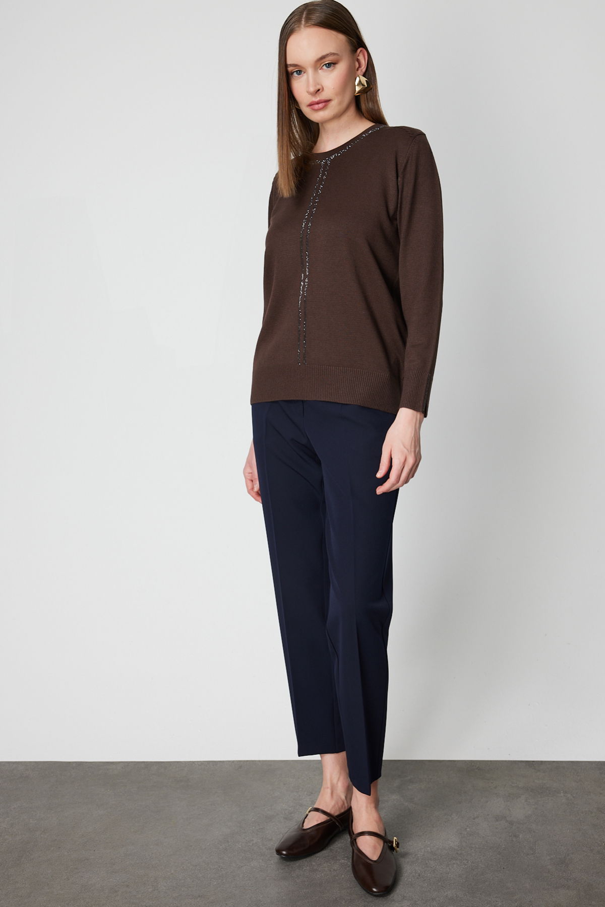 On Kadın Taş İşlemeli Triko Kazak 65397 Kahverengi - 3