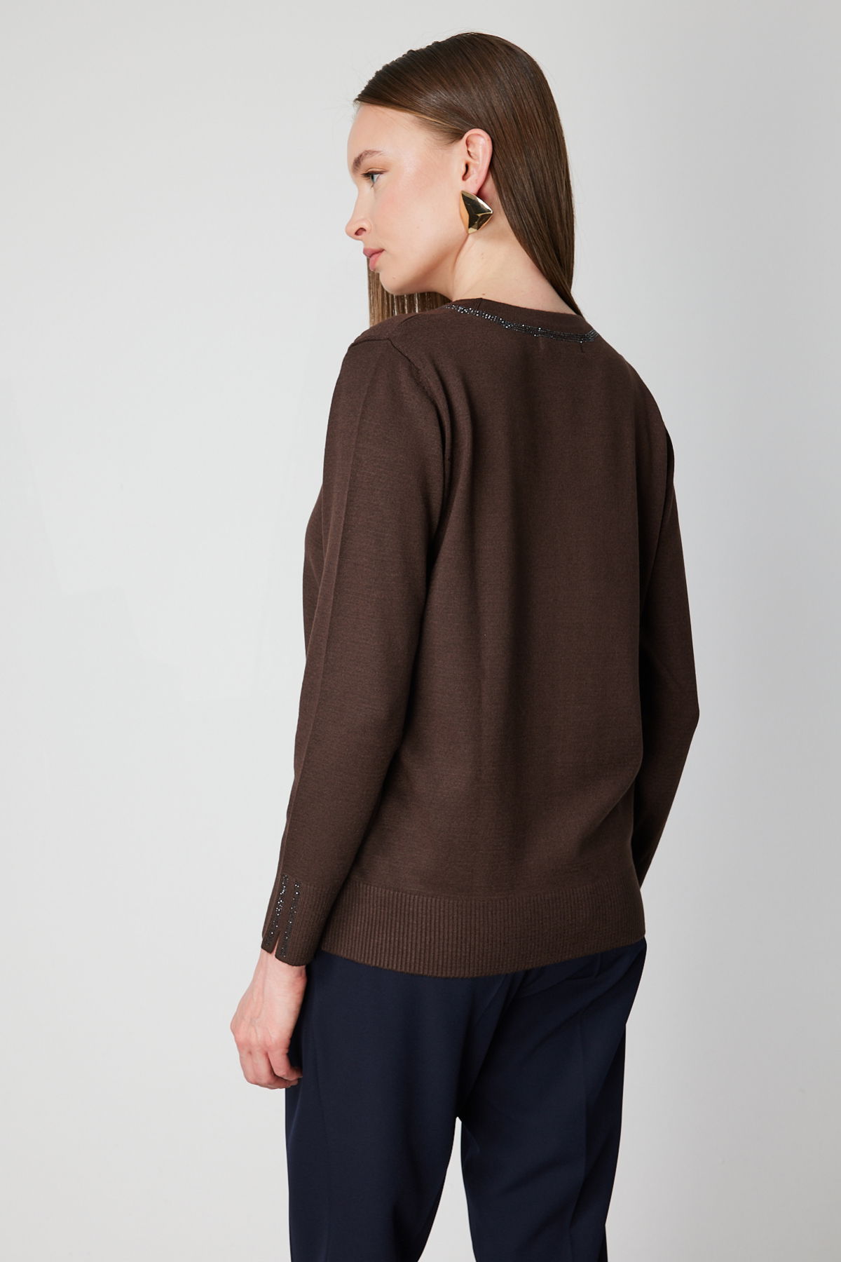 On Kadın Taş İşlemeli Triko Kazak 65397 Kahverengi - 4