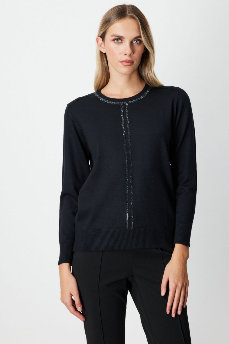 On Kadın Taş İşlemeli Triko Kazak 65397 Siyah - On