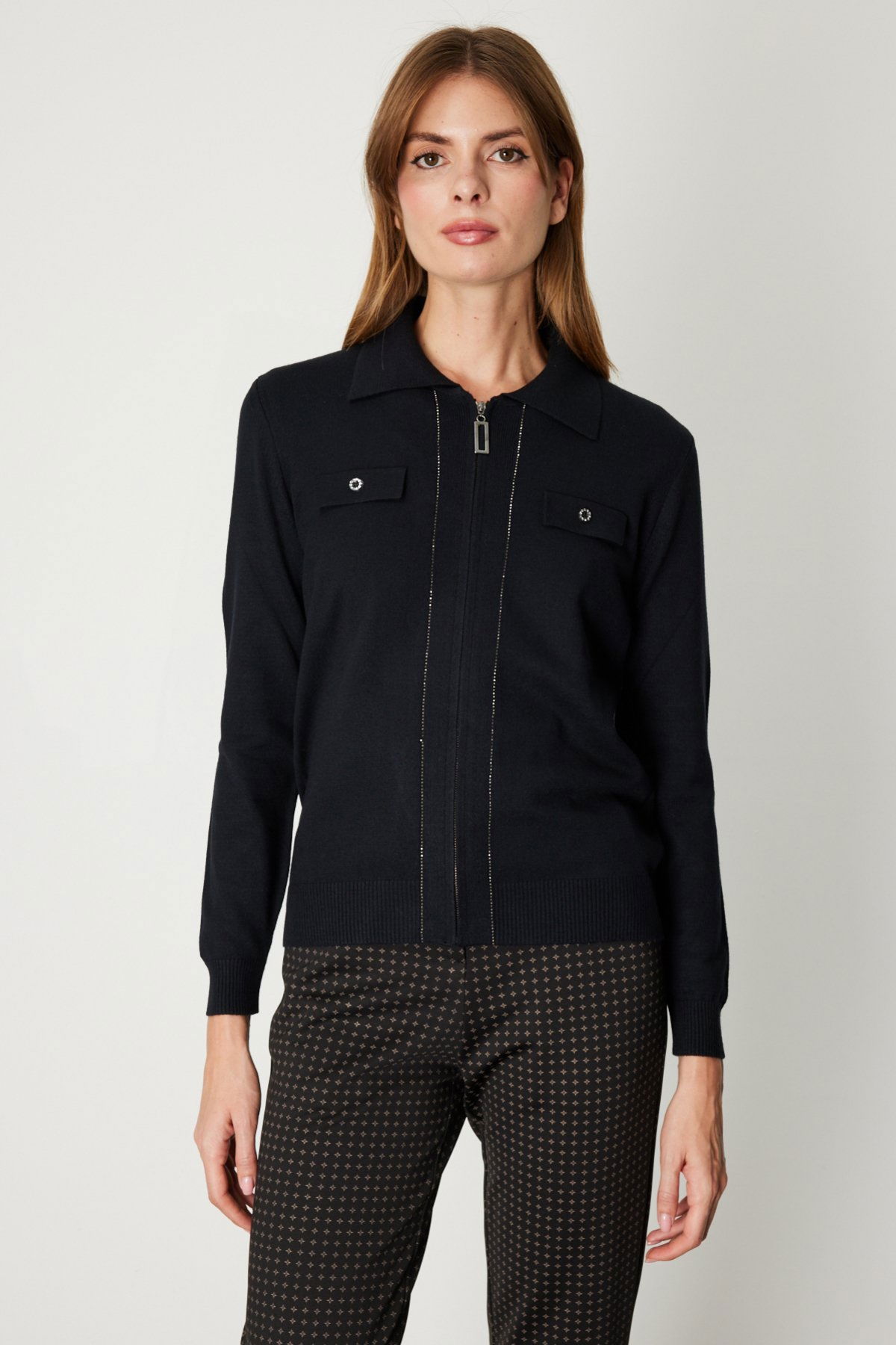 On Kadın Taş Şeritli Triko Hırka 65922 Siyah - 1