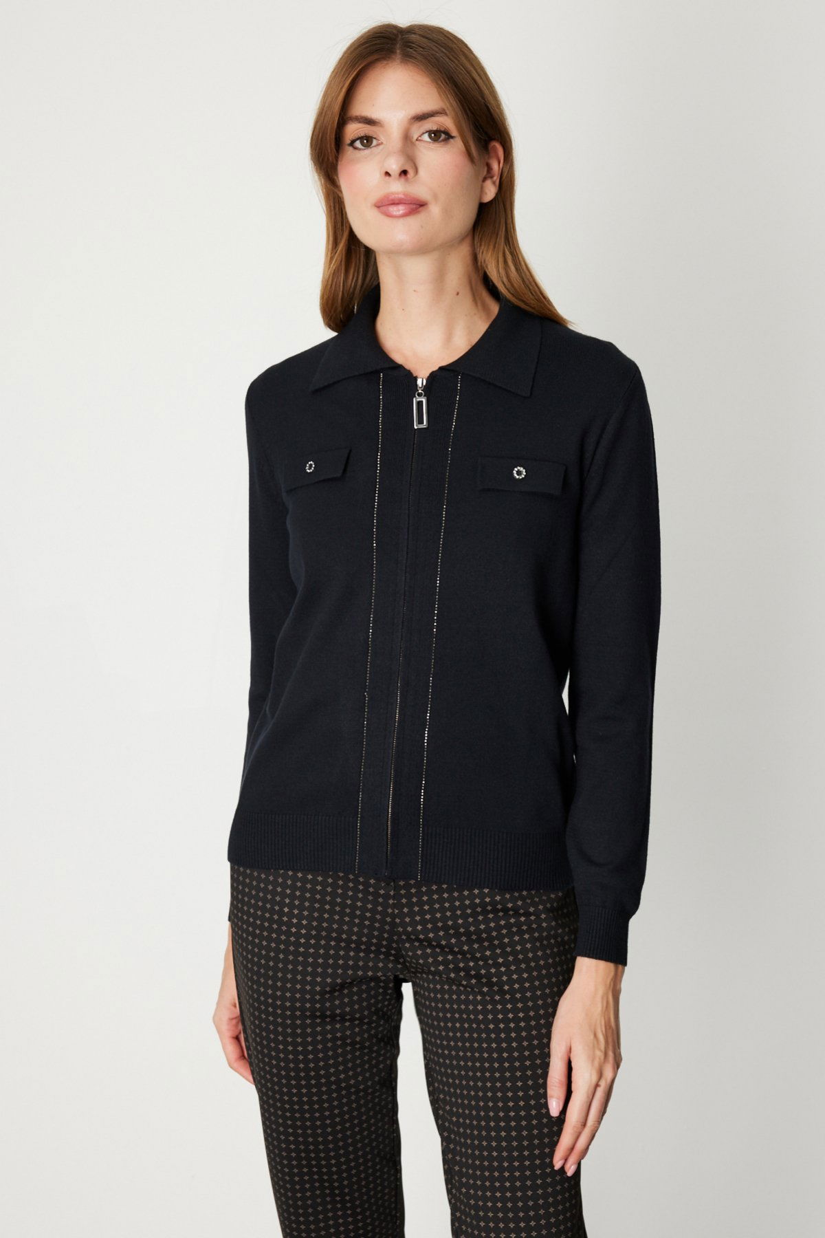 On Kadın Taş Şeritli Triko Hırka 65922 Siyah - 2