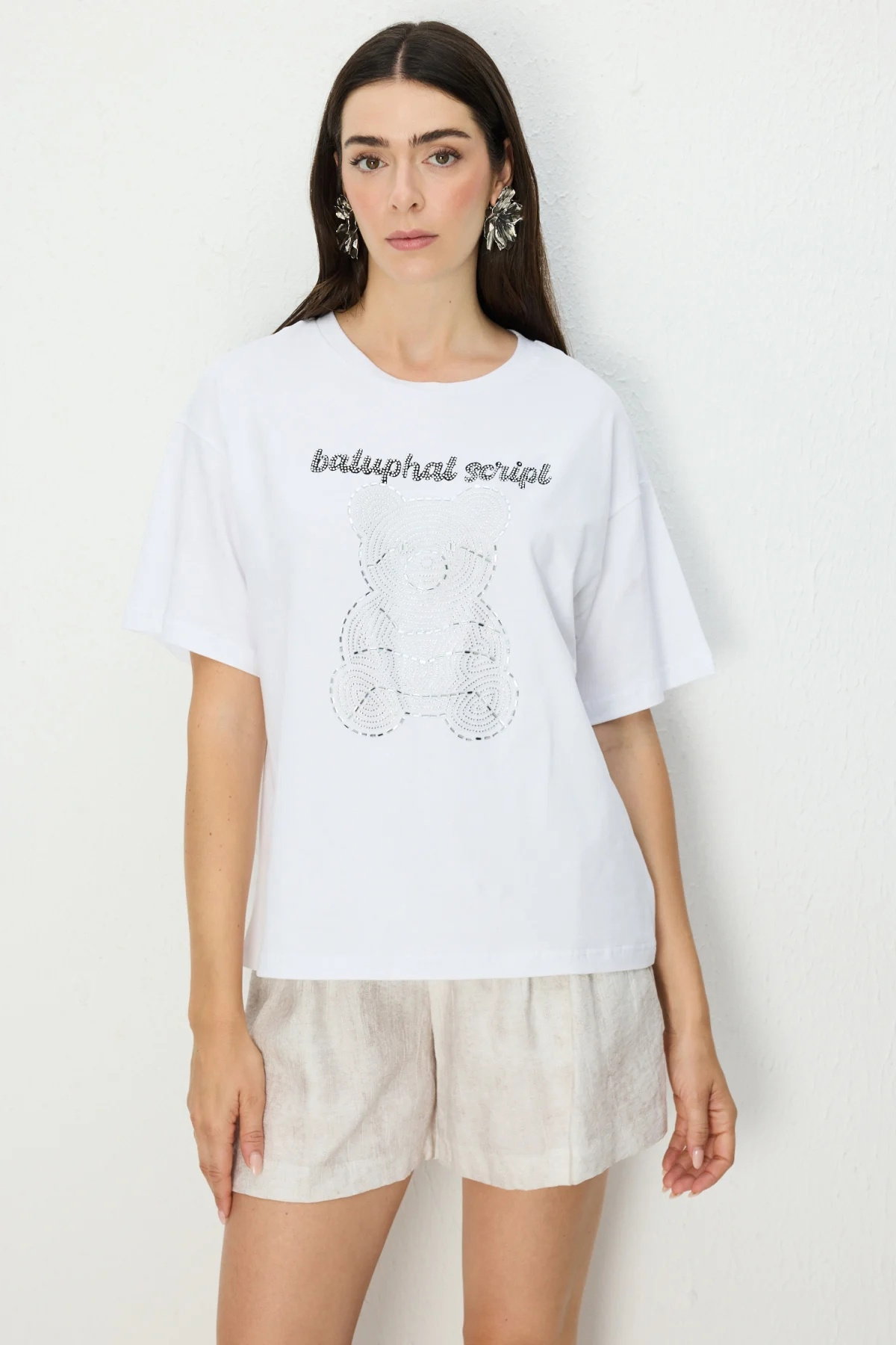 On Kadın Taşlı Ayıcık Baskılı T-Shirt 70341 Beyaz - 1