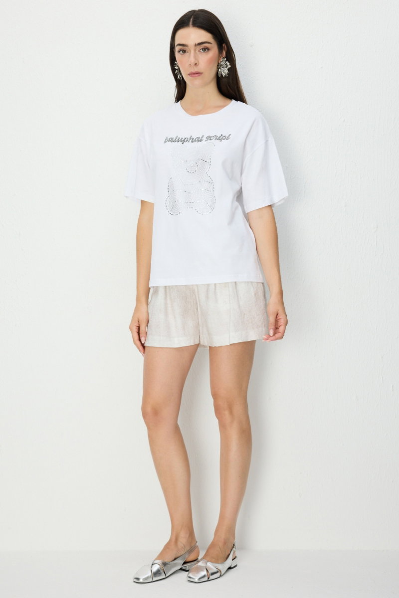 On Kadın Taşlı Ayıcık Baskılı T-Shirt 70341 Beyaz - 2