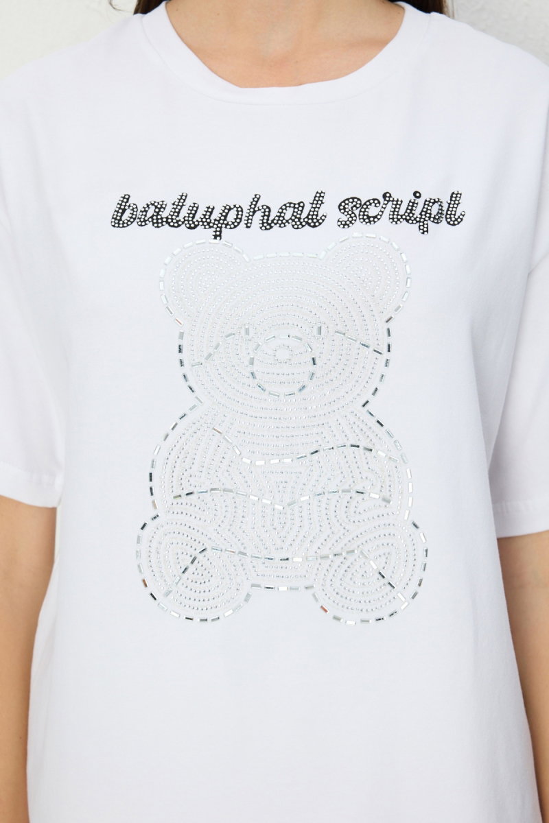 On Kadın Taşlı Ayıcık Baskılı T-Shirt 70341 Beyaz - 3