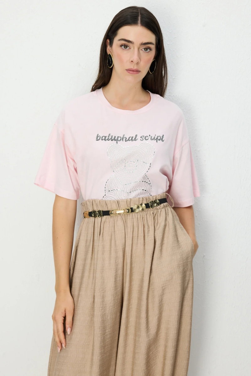 On Kadın Taşlı Ayıcık Baskılı T-Shirt 70341 Pembe - On