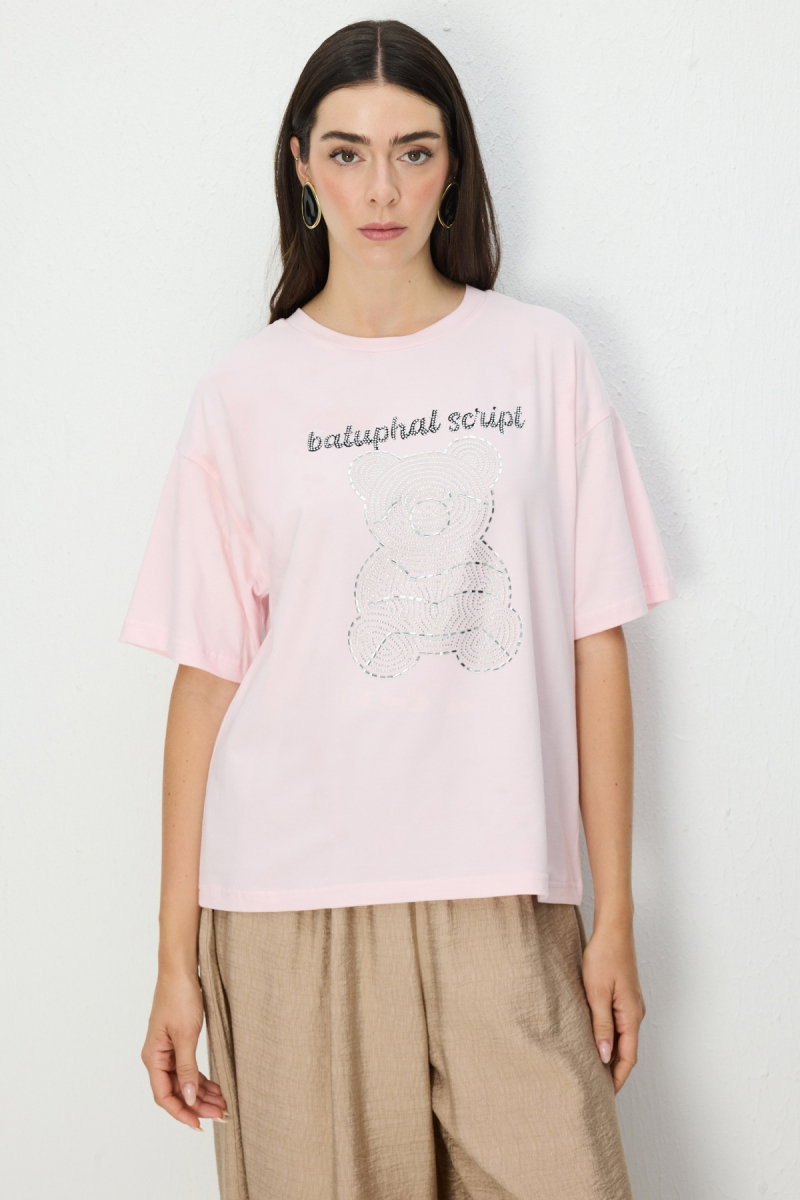 On Kadın Taşlı Ayıcık Baskılı T-Shirt 70341 Pembe - 2